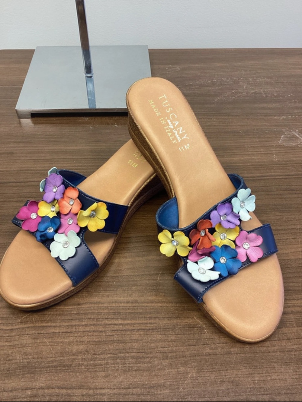 Tuscany Leather Navy Slide Sandals with Multicolor Flower Accents